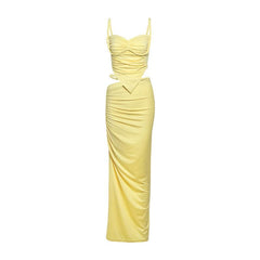 Ruched v neck hollow out gradient maxi skirt set