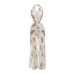 Ruched slit print halter mesh maxi dress