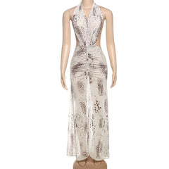 Ruched slit print halter mesh maxi dress