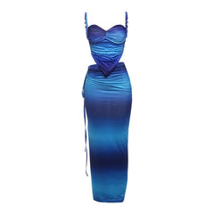 Ruched v neck hollow out gradient maxi skirt set