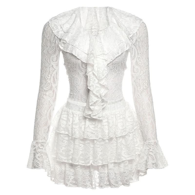 Long flared sleeve lace ruffle v neck mini skirt set