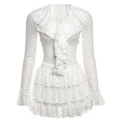 Long flared sleeve lace ruffle v neck mini skirt set