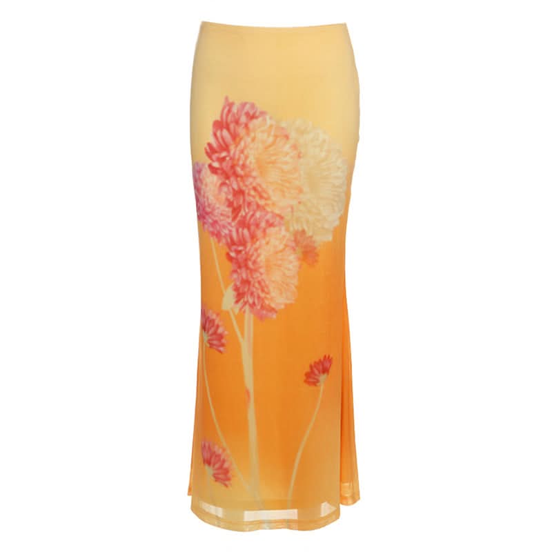 Mesh flower print contrast maxi skirt