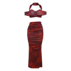Halter ruched hollow out print v neck maxi skirt set