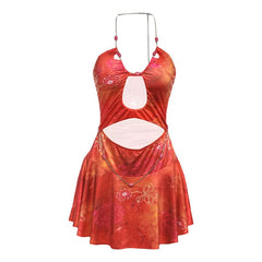 Metal chain halter hollow out print cut out mini dress