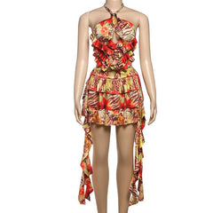 Hollow out halter self tie ruffle print cut out mini dress