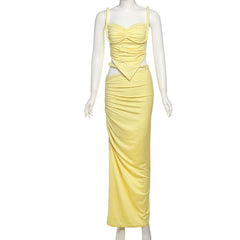 Ruched v neck hollow out gradient maxi skirt set