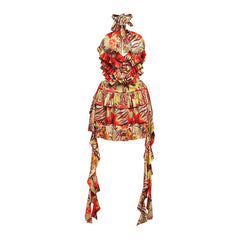 Hollow out halter self tie ruffle print cut out mini dress