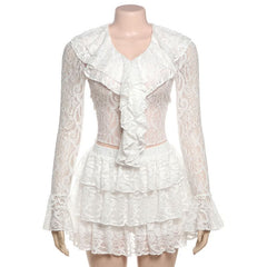 Long flared sleeve lace ruffle v neck mini skirt set