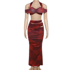 Halter ruched hollow out print v neck maxi skirt set