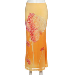 Mesh flower print contrast maxi skirt