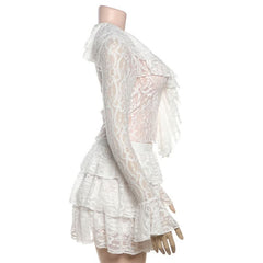 Long flared sleeve lace ruffle v neck mini skirt set