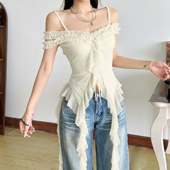 Off shoulder ruffle solid ruched cami top