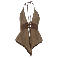 Hollow out v neck halter self tie ruffle cut out top