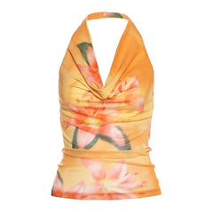 Halter flower print mesh cowl neck top