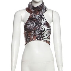 Leopard print halter self tie backless top
