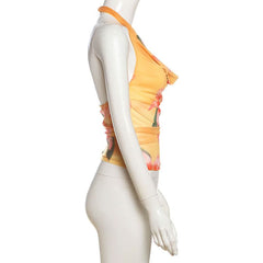 Halter flower print mesh cowl neck top
