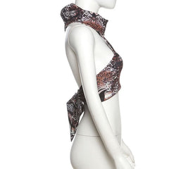 Leopard print halter self tie backless top