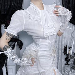 Puff sleeve lace hem button top