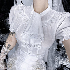 Puff sleeve lace hem button top