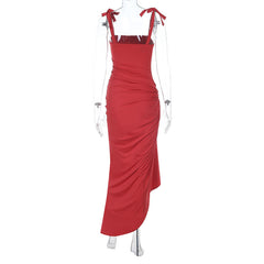 Square neck ruched high slit cami maxi dress