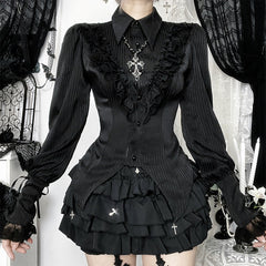 Long sleeve turnover collar ruffle button top
