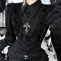 Long sleeve turnover collar ruffle button top