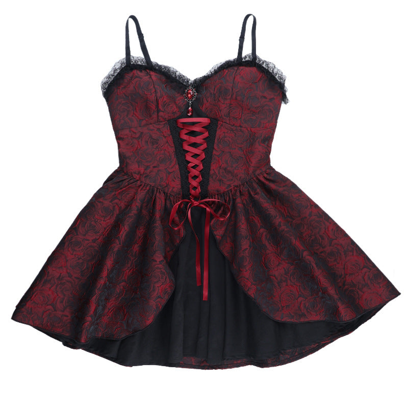 Lace up ruffle zip-up cami mini dress