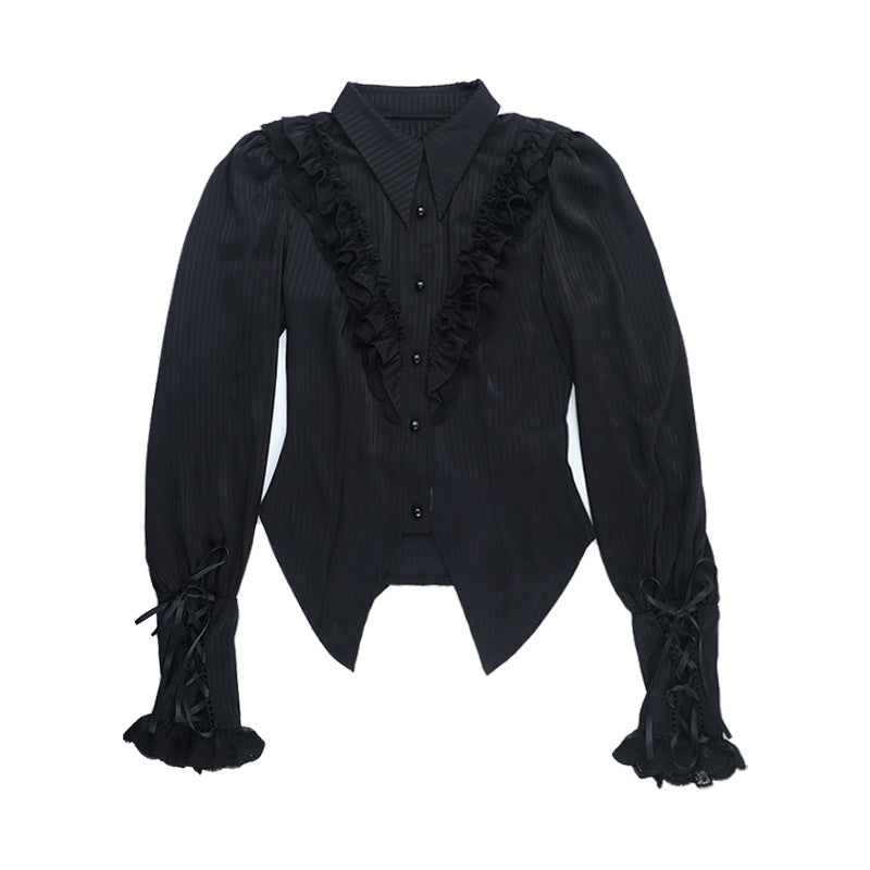 Long sleeve turnover collar ruffle button top