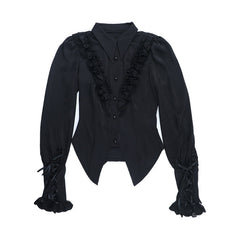 Long sleeve turnover collar ruffle button top