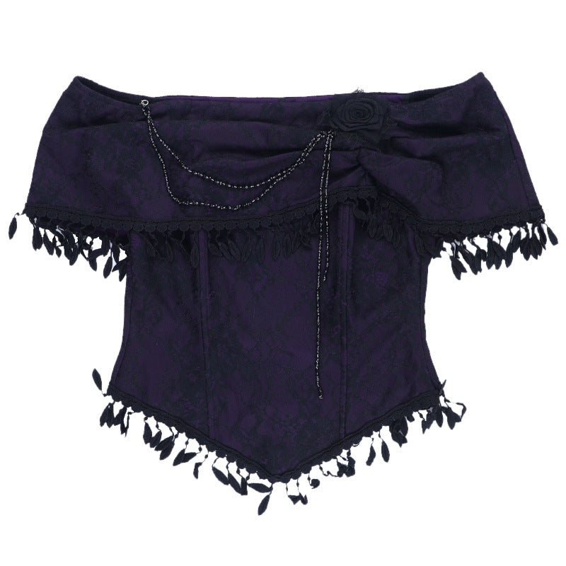 Off shoulder tassels beaded ruched top