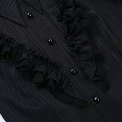Long sleeve turnover collar ruffle button top