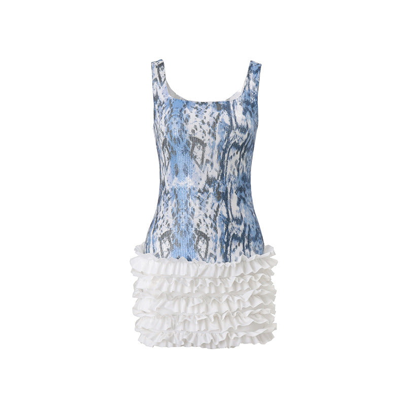 U neck glitter print ruffle mini dress