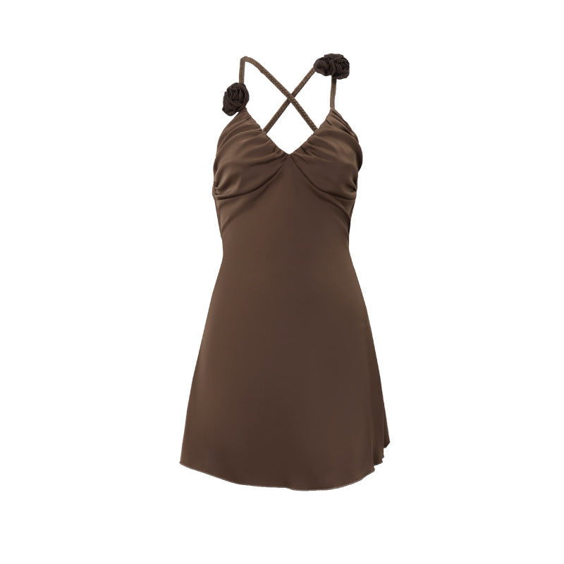 V neck cross back flower applique ruched cami mini dress