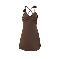 V neck cross back flower applique ruched cami mini dress