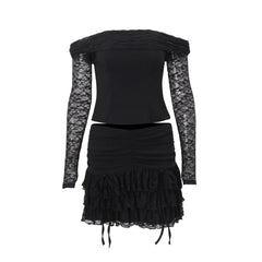 Off shoulder long sleeve lace ruched mini skirt set