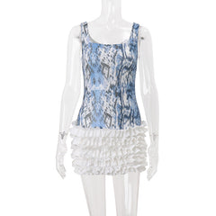U neck glitter print ruffle mini dress