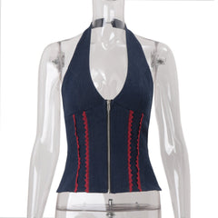 Denim halter zip-up backless top