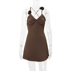 V neck cross back flower applique ruched cami mini dress