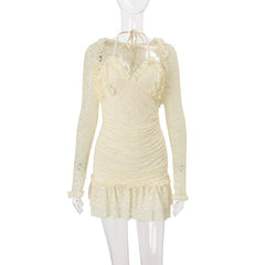Long sleeve halter ruched lace shrug ruffle mini dress