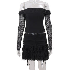 Off shoulder long sleeve lace ruched mini skirt set