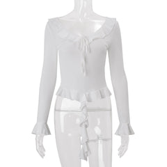 Long flared sleeve ruffle v neck self tie top