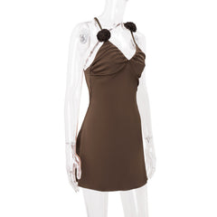V neck cross back flower applique ruched cami mini dress