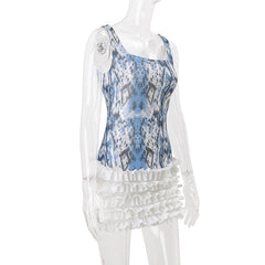 U neck glitter print ruffle mini dress
