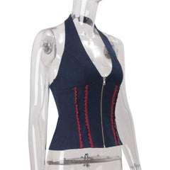 Denim halter zip-up backless top