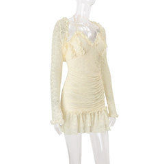 Long sleeve halter ruched lace shrug ruffle mini dress
