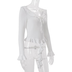 Long flared sleeve ruffle v neck self tie top