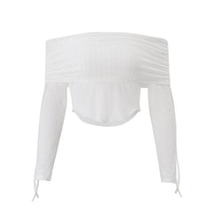 Long sleeve off shoulder drawstring crop top