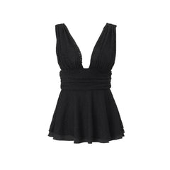 V neck ruched sleeveless lace top