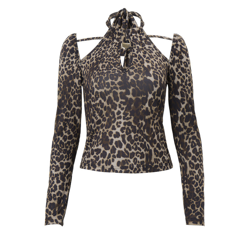Leopard print hollow out halter cut out top